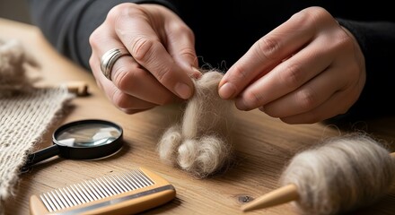 Preparing Raw Wool Fiber for Spinning: DIY Natural Yarn Making Process and Traditional Textile Craft on Wooden Table