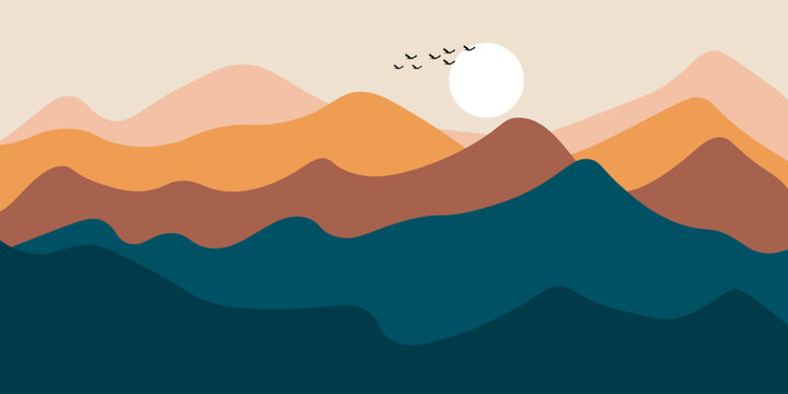 Abstract landscape poster. Nature wall decor contemporary art prints, medieval mountains backdrop. vector