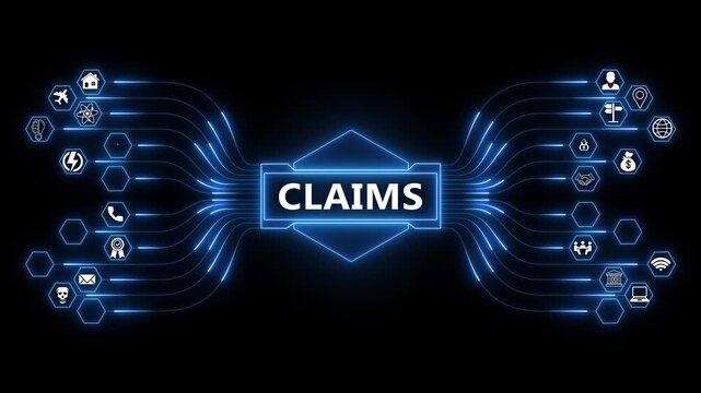 Insurance claims network animation with glowing data connections and technology icons, digital claims processing and verification workflow concept