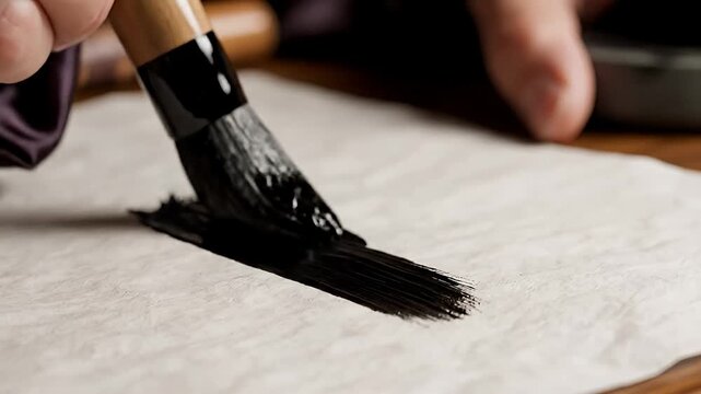 Close-up of a hand holding a calligraphy brush and painting on white paper with black ink, creating elegant strokes and artistic patterns.