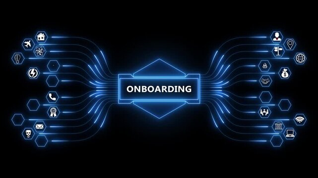 Employee onboarding network animation with glowing data connections and technology icons, digital hiring integration and training process concept