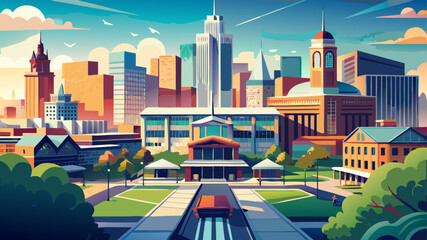 Obraz premium Very beautiful urban campus scene of Temple University Center City, blending modern academic architecture with downtown Philadelphia surroundings, reflecting contemporary education within a vibrant me
