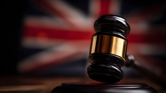 Judge gavel symbolizing British justice system law court authority legal concept United Kingdom background symbolism
