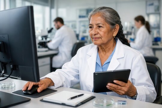 A female scientist in a lab coat uses a tablet while working at a desk with lab equipment. It represents modern scientific research, technological advancement, and innovation in a laboratory setting.