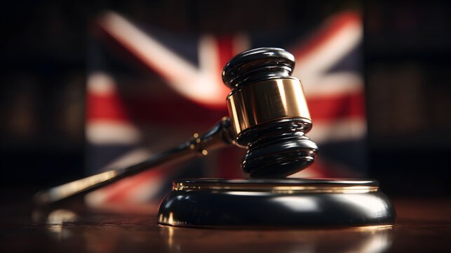 Judge gavel symbolizing British justice system law court authority legal concept United Kingdom background symbolism