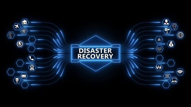 Disaster recovery network animation with glowing data connections and technology icons, digital backup systems and business continuity concept