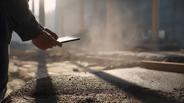 Construction worker using tablet on site