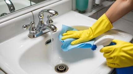 Person Cleans Sink Using Cloth and Spray Bottle in a Bathroom During Daytime