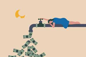 A person drinking from a faucet while money cascades beneath them under a crescent moon. © Design gallery