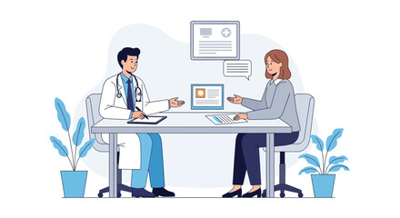 Healthcare professional conducting a comprehensive medical consultation with a patient, discussing wellness plans and treatment strategies in a modern office