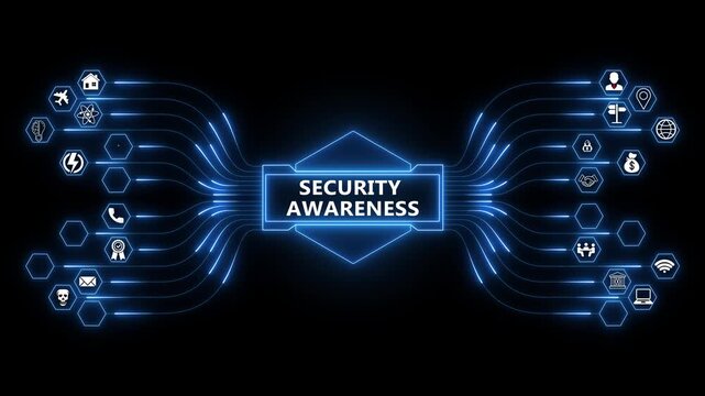 Building security awareness through connected digital networks, cyber risk education animation with glowing data systems and protection signals