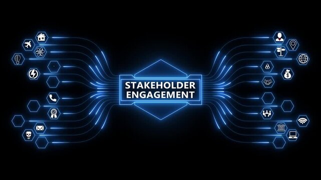 Connecting stakeholders through digital engagement networks, collaboration focused animation with glowing data links and shared communication systems