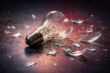 Broken Light Bulb on Dark Surface &ndash; Concept of Failure, Lost Idea, and Innovation Risk