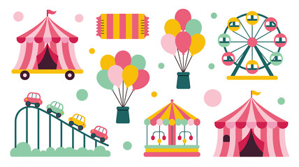 Colorful carnival icons set with ferris wheel and balloons  amusement park rides
