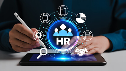 Person using stylus on tablet with HR digital interface and icons human resources