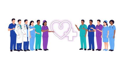 Fototapeta premium Team of Healthcare Heroes: Dedicated healthcare professionals stand united, forming a strong line around a heart symbol, symbolizing care and compassion.