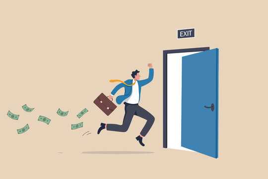 A businessman escapes with cash through an exit door during a chaotic situation.