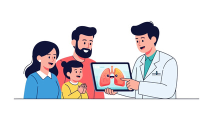 Family Health Consultation: A family, comprised of parents and child, consults with a medical professional, reviewing a digital illustration of human lungs on a tablet.