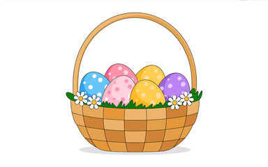 Colorful Easter eggs in a woven basket with flowers and grass