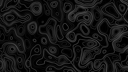 Stylized topographic elevation map illustration. White topographic contour line on black background. © Creative