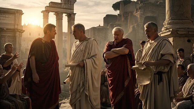 Powerful Roman Senators Debate Strategy in Ancient Forum