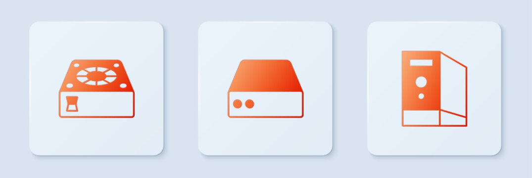 Set Server, Data, Web Hosting, Computer cooler and Case of computer. White square button. Vector