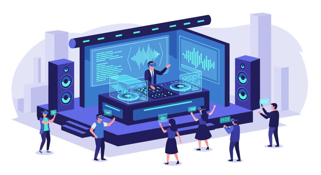 A cutting-edge flat design illustration of a futuristic hybrid event, blending live music performance with interactive technology like holographic displays and VR experiences for attendees.