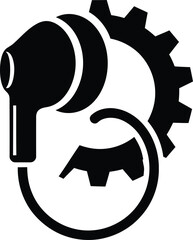 A microphone and gear icon symbolizing audio technology and machinery integration in a simple graphic illustration