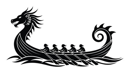 A detailed illustration of a dragon-headed ship with rowers in ancient times Vector © JubaerAhmed