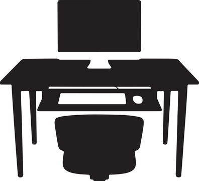 "Black silhouette illustration of computer workstation with desk, monitor, keyboard tray, mouse and chair, minimalist decorative artwork symbolizing office setup, remote work and digital productivity"