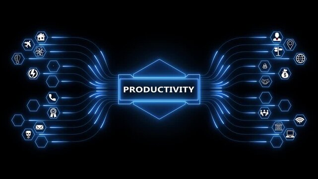 Improving work efficiency through connected digital systems, productivity network animation with glowing data flows and performance focus