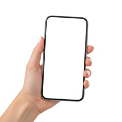 A hand holding a smartphone with a blank screen against a white background. isolated on transparent background