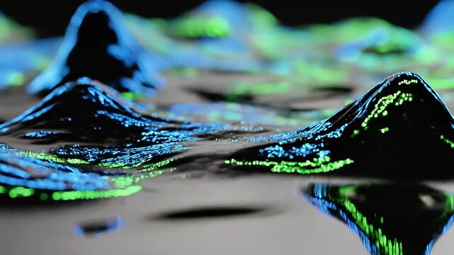 A mesmerizing abstract visualization of glowing green and blue lights forming wavy patterns on a dark reflective surface