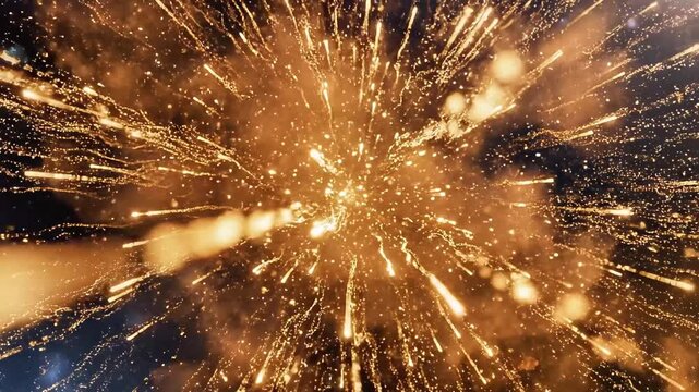 A vibrant explosion of golden sparks and smoke against a dark background