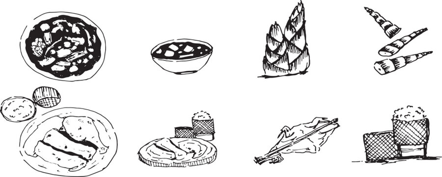 aotian cuisine sketches collection, including Sticky rice in bamboo basket (Kratip Khao), Grilled chicken (Ping Gai), Bamboo shoots, and local curry, hand drawn icons.