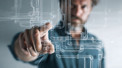 Engineer designing pipeline system with augmented reality