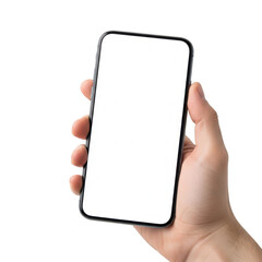 A hand holding a smartphone with a blank screen against a white background. isolated on transparent background