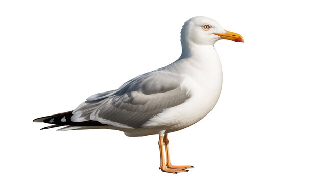 A solitary seagull stands poised on one leg against a stark white background