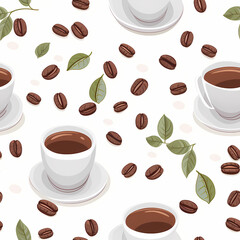 Obraz premium Seamless pattern of white ceramic coffee cups filled with dark espresso, scattered roasted brown coffee beans, and green coffee leaves on a clean white background for cafe branding and wallpaper