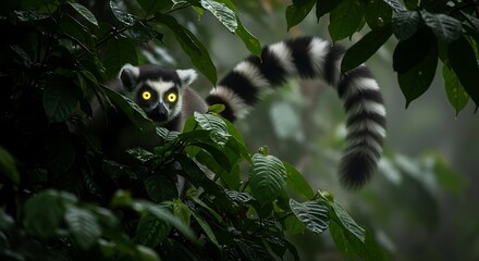 Fototapeta premium A Ring-tailed Lemur with piercing yellow eyes in dense jungle leaves, showcasing wildlife's beauty and fragility on World Wildlife Day