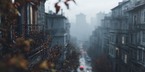 Obraz premium Misty Autumn Morning in the City with Soft Rain and Blurred Buildings