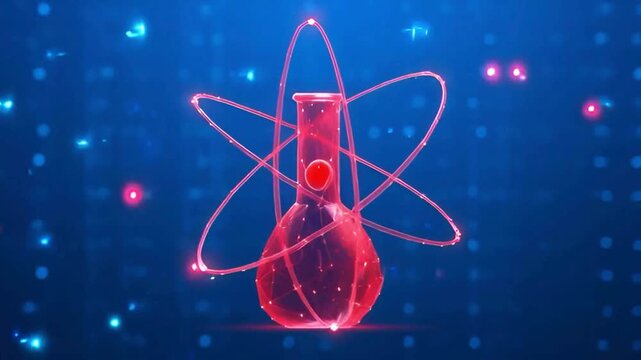 Science chemistry concept. Abstract polygonal laboratory tube and atom symbol with 3D effect. Digital scientific flask and nuclear molecule on blue technology background. Chemical vector illustration.