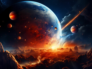 Cinematic science fiction landscape of a distant alien planet with multiple moons and a giant blue planet in the sky above a fiery volcanic terrain at sunrise with glowing cosmic dust and rings in ...