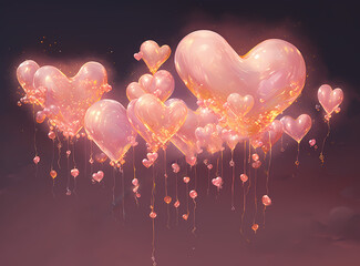 Glowing pink heart balloons floating in a dark space with golden sparkles and strings for Valentine's Day or romantic celebration background digital art illustration