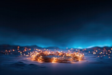 Enchanting light circle: An ethereal, illuminated circle of lights shimmers in a dark, atmospheric setting, creating a mesmerizing display of luminescence and enchantment. 