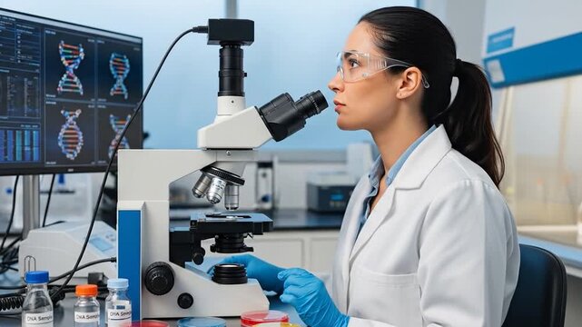 Medical Scientist Examining DNA Samples Under Microscope in Clean Lab.