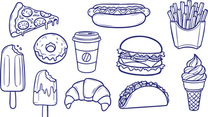 Fast food doodle line art vector illustration, hand drawn snacks and street food sketch icons in simple outline style.eps © Shafiavect