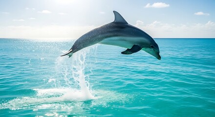 Obraz premium A majestic dolphin powerfully leaps from the sparkling ocean, showcasing marine beauty and emphasizing global conservation efforts for World Wildlife Day