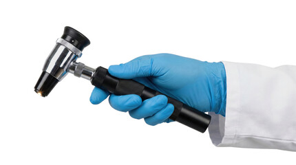 Hand in blue glove holding illuminated medical otoscope