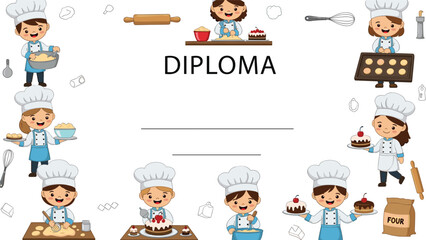 Fototapeta premium Educational diploma certificate template for children featuring cute little kids in chef hats and aprons busy in the kitchen.